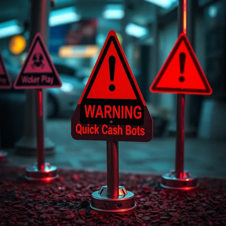 Graphic showing warning signs and alert symbols highlighting risks and scams associated with quick cash bots