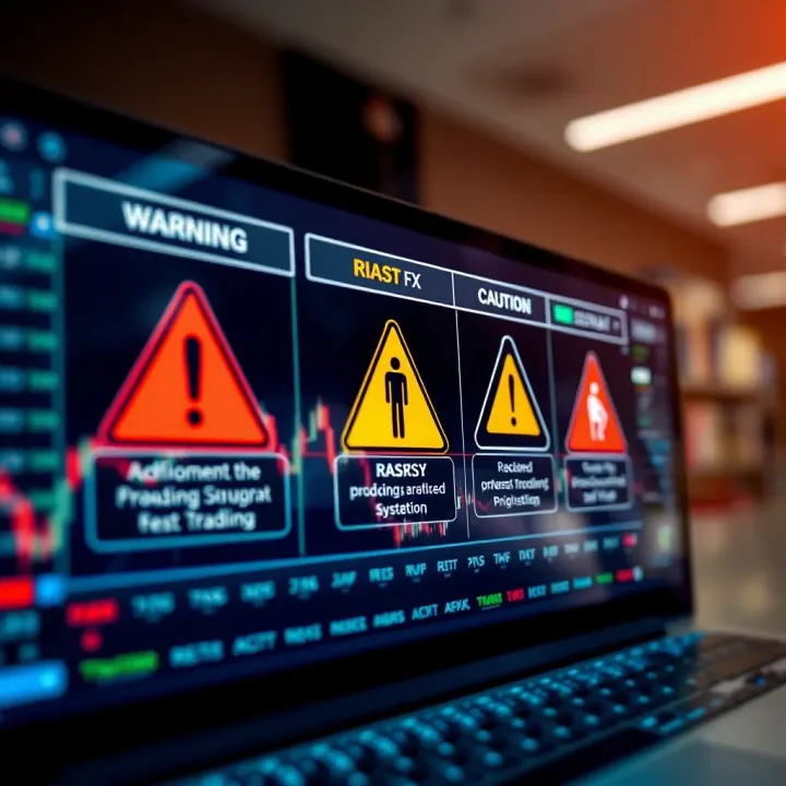 Conceptual graphic depicting risks and caution symbols related to online forex trading platforms