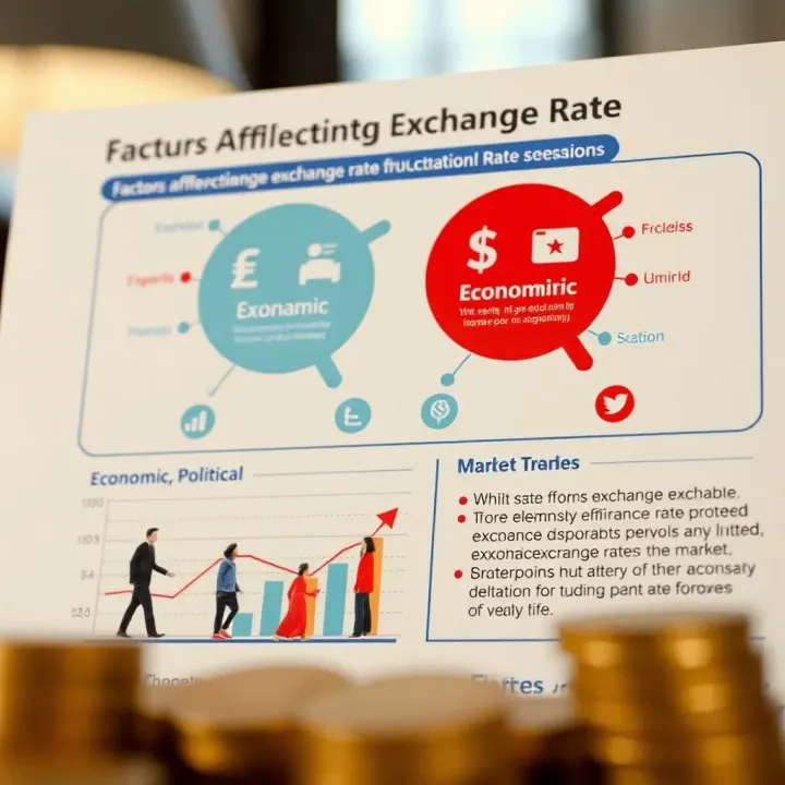 Chart illustrating factors influencing exchange rate fluctuations with icons representing economic, political, and market elements