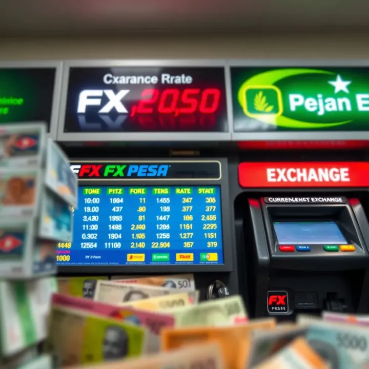 Currency exchange kiosk with multiple foreign banknotes and digital rate board in Kenya