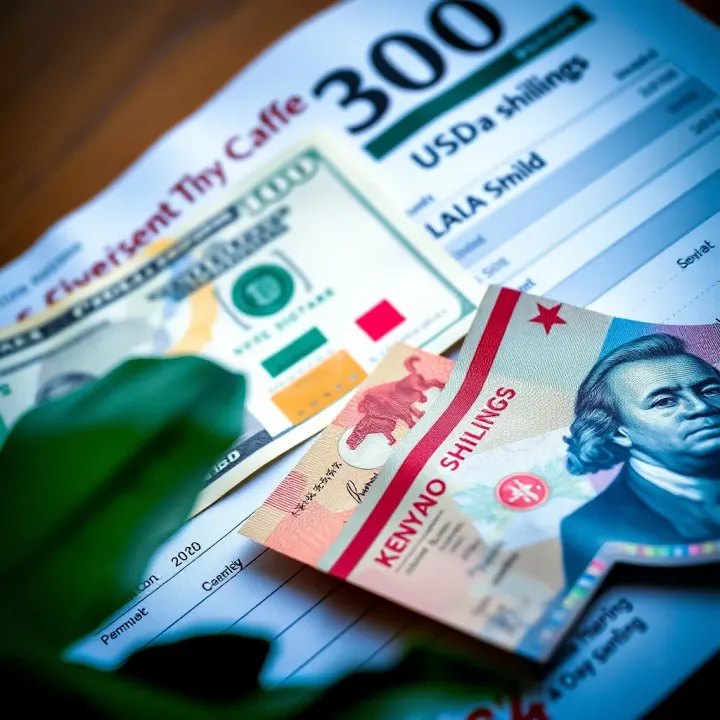 Comparing US Dollars and Kenyan Shillings for Currency Exchange Close-up view of US dollar bills beside Kenyan shilling notes on a financial document