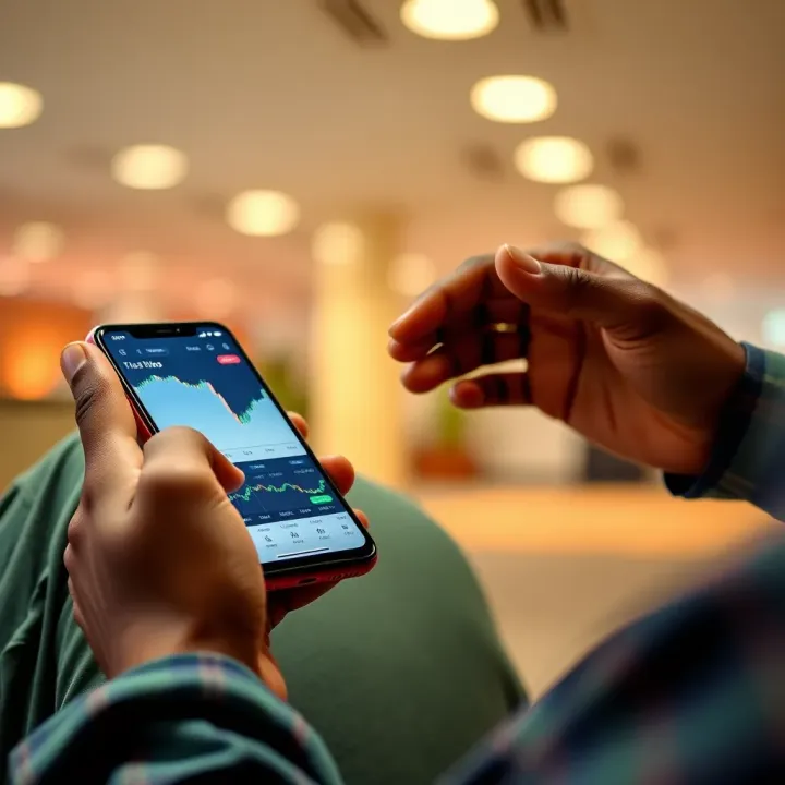 User interacting with a smartphone showing forex market trends and trading options