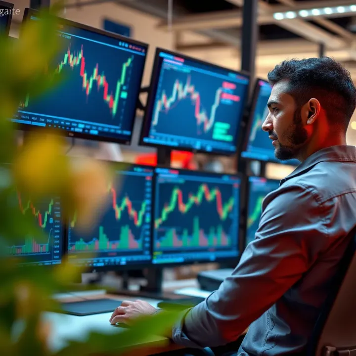 Forex Market Analysis in a Risk-Free Demo Account Confident trader analyzing forex market trends on multiple screens in a safe practice environment
