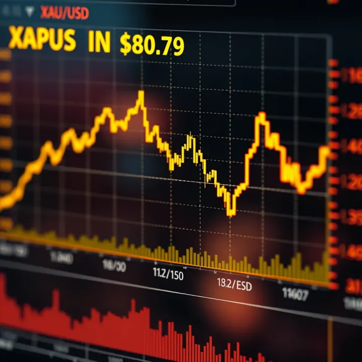 Graph showing fluctuations in gold prices against the US dollar with market indicators